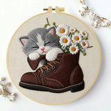 Sleeping Kitten Embroidery Kit for Beginners – DIY Floral Cat Hand Embroidery Hoop Set