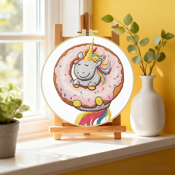 Unicorn Donut Embroidery DIY Kit – Cute Kawaii Beginner Stitching Kit with Hoop, Pattern & Threads