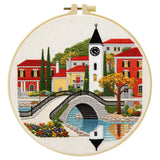 European Village Bridge Embroidery Kit – Scenic Canal Town DIY Needlepoint Hoop Art Cozy Landscape Decor Craft Gift for Adults