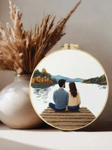 Romantic Lake Couple Embroidery Kit – Cozy Dock Scene Needlepoint Pattern with Peaceful Nature & Minimalist Love Art