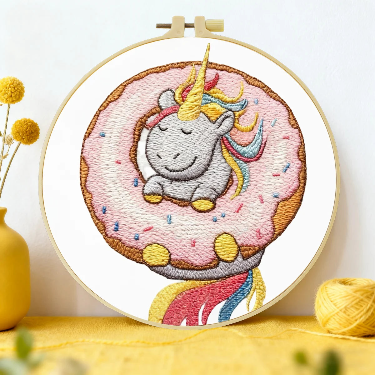 Unicorn Donut Embroidery DIY Kit – Cute Kawaii Beginner Stitching Kit with Hoop, Pattern & Threads