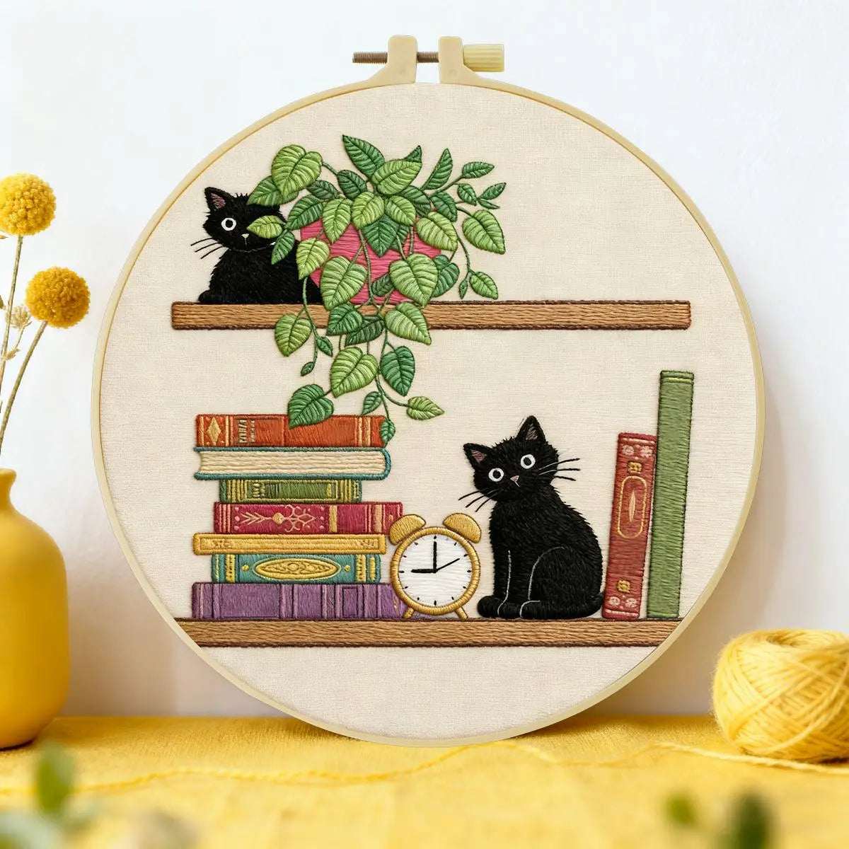 Black Cat Bookshelf Embroidery Kit for Beginners – DIY Cute Cat Hand Embroidery Hoop Set