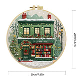 Christmas Bookstore Embroidery Kit – DIY Winter Holiday Village Sewing Craft Set, Festive Snowy Shop Wall Art Decor