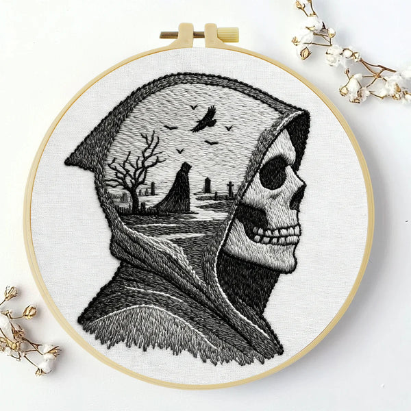 Grim Reaper Embroidery DIY Kit – Gothic Skull Beginner Stitching Kit with Hoop, Pattern & Threads