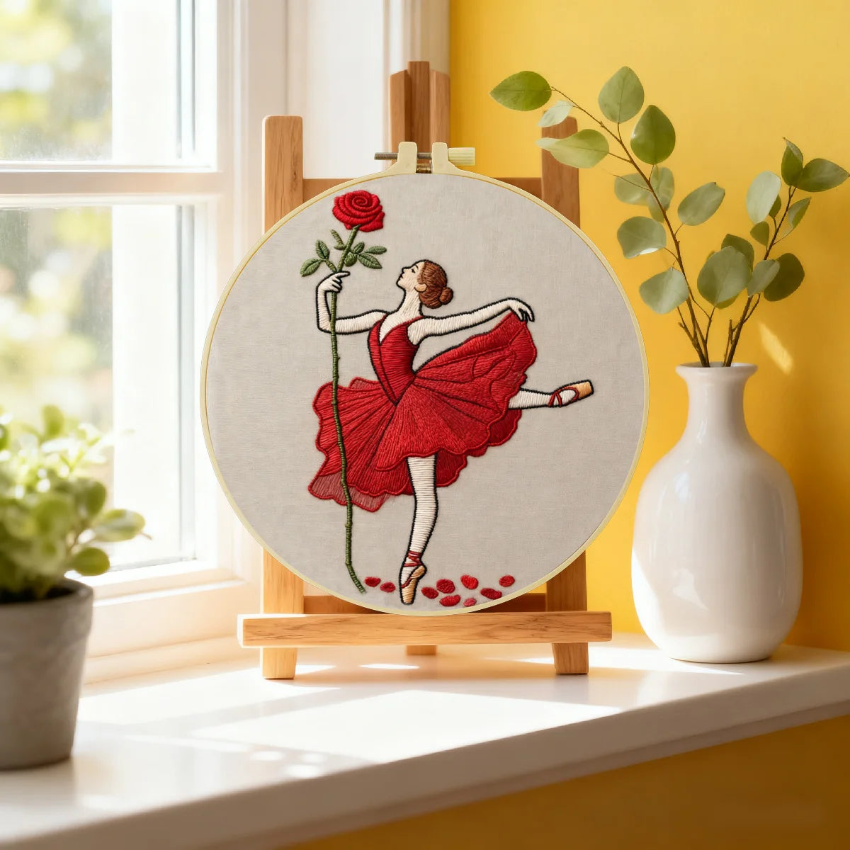 Handmade Red Rose Ballerina Embroidery Hoop Wall Art – Elegant Ballet Dancer Decor