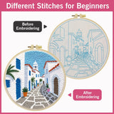 Mediterranean Greek Alley Embroidery Kit – Santorini Inspired Coastal Village DIY Needlepoint Hoop Art Travel Decor Craft Gift for Adults