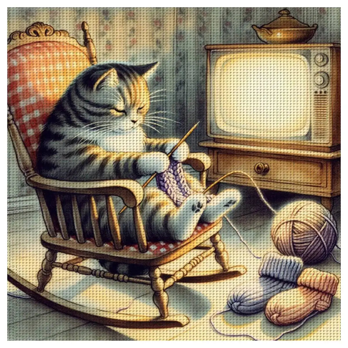 Grandma Cat Knitting Club Cross Stitch Kit 🧶🐱📺