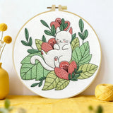Sleeping White Cat Embroidery Kit for Beginners – DIY Floral Hand Embroidery Hoop Set