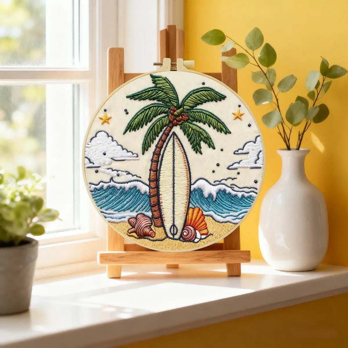 Surfboard Beach Punch Needle Wall Art – Handmade Embroidery Hoop Decor for Nursery & Cozy Rooms