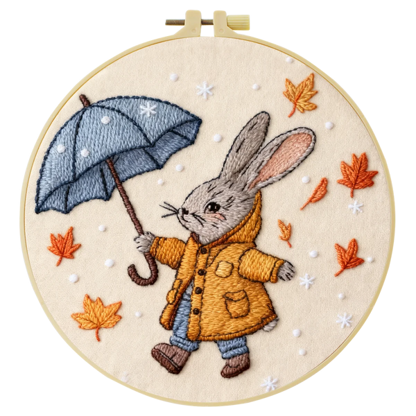 Autumn Bunny with Umbrella Embroidery DIY Kit – Cute Woodland Animal Hand Stitch Craft with Hoop & Threads