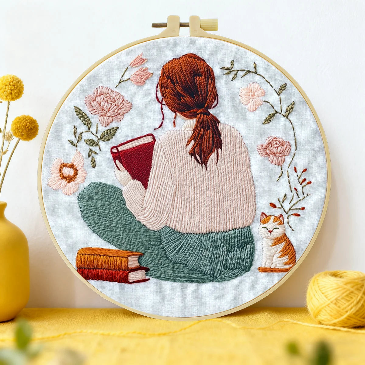 Cozy Reading Girl Embroidery Kit – Book Lover Floral DIY Stitch Pattern