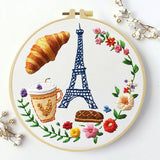 Paris Café Embroidery Starter Kit – DIY Eiffel Tower & Pastry Sewing Art Set for Beginners