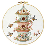 Vintage Teacup Birdhouse Embroidery Kit – Floral Birds DIY Hand Embroidery Hoop Art Set