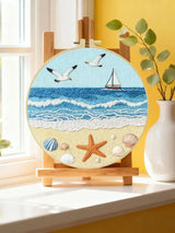 Coastal Beach Embroidery Kit – Ocean Waves, Seagulls & Seashells DIY Needlepoint Hoop Art Nautical Seaside Decor Craft Gift for Adults