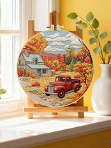 Autumn Farmhouse Embroidery Kit – Vintage Red Truck Fall Landscape DIY Sewing Craft, Rustic Country Wall Art Decor