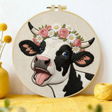 Cute Cow Embroidery Kit for Beginners – DIY Floral Farm Animal Hand Embroidery Hoop Set