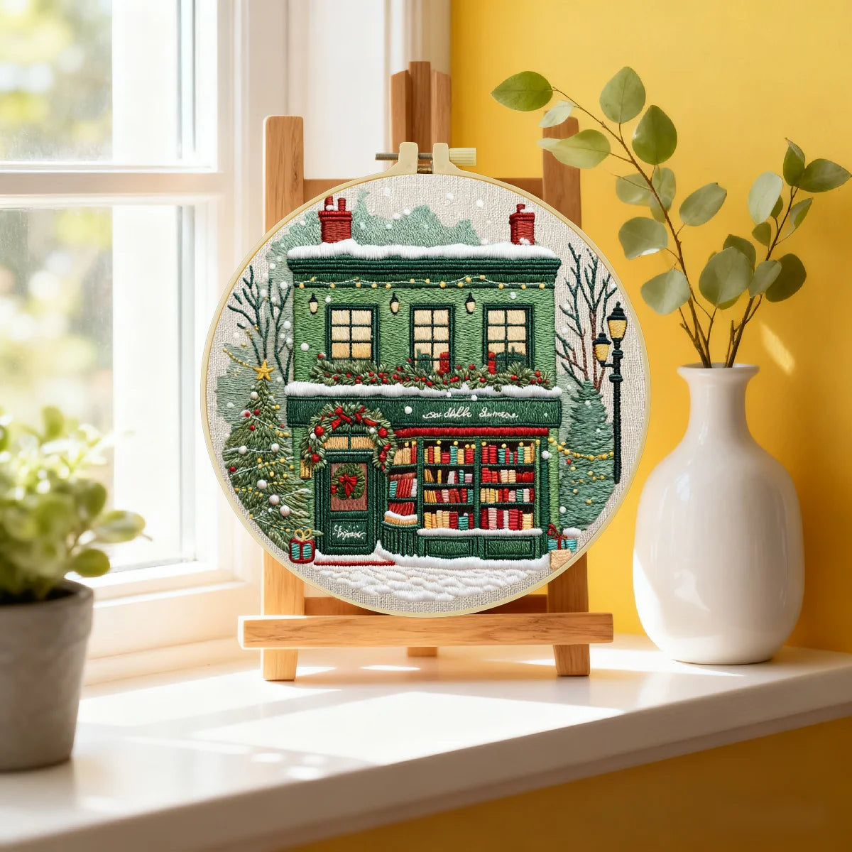 Christmas Bookstore Embroidery Kit – DIY Winter Holiday Village Sewing Craft Set, Festive Snowy Shop Wall Art Decor