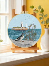 Coastal Lighthouse Embroidery Kit – Seaside Ocean Scene with Lighthouse, Pigeon & Waves Needlepoint Pattern for Beach Lovers