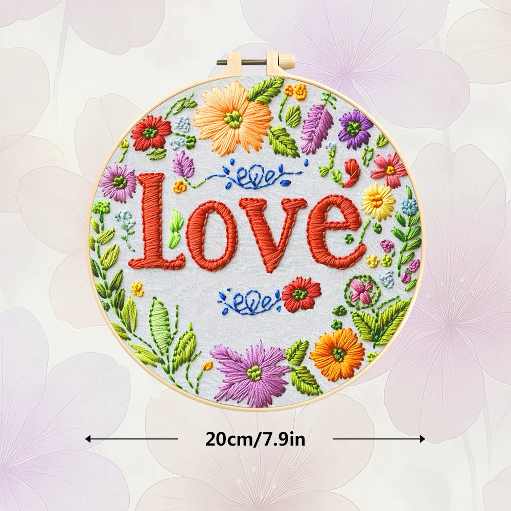 Love Floral Embroidery Kit – Colorful Romantic Needlepoint Pattern with Bright Wildflowers & Cottagecore Wall Art Design