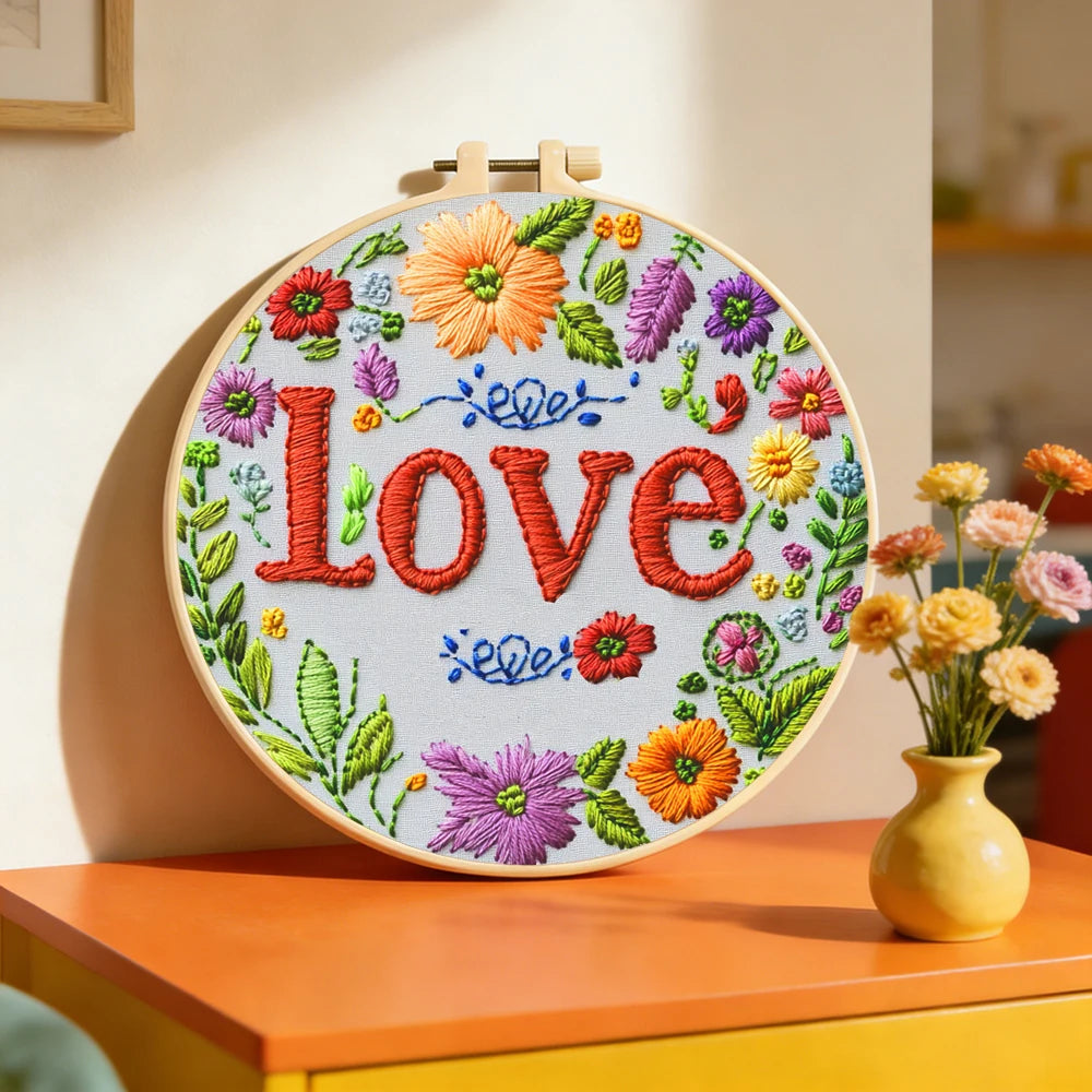 Love Floral Embroidery Kit – Colorful Romantic Needlepoint Pattern with Bright Wildflowers & Cottagecore Wall Art Design
