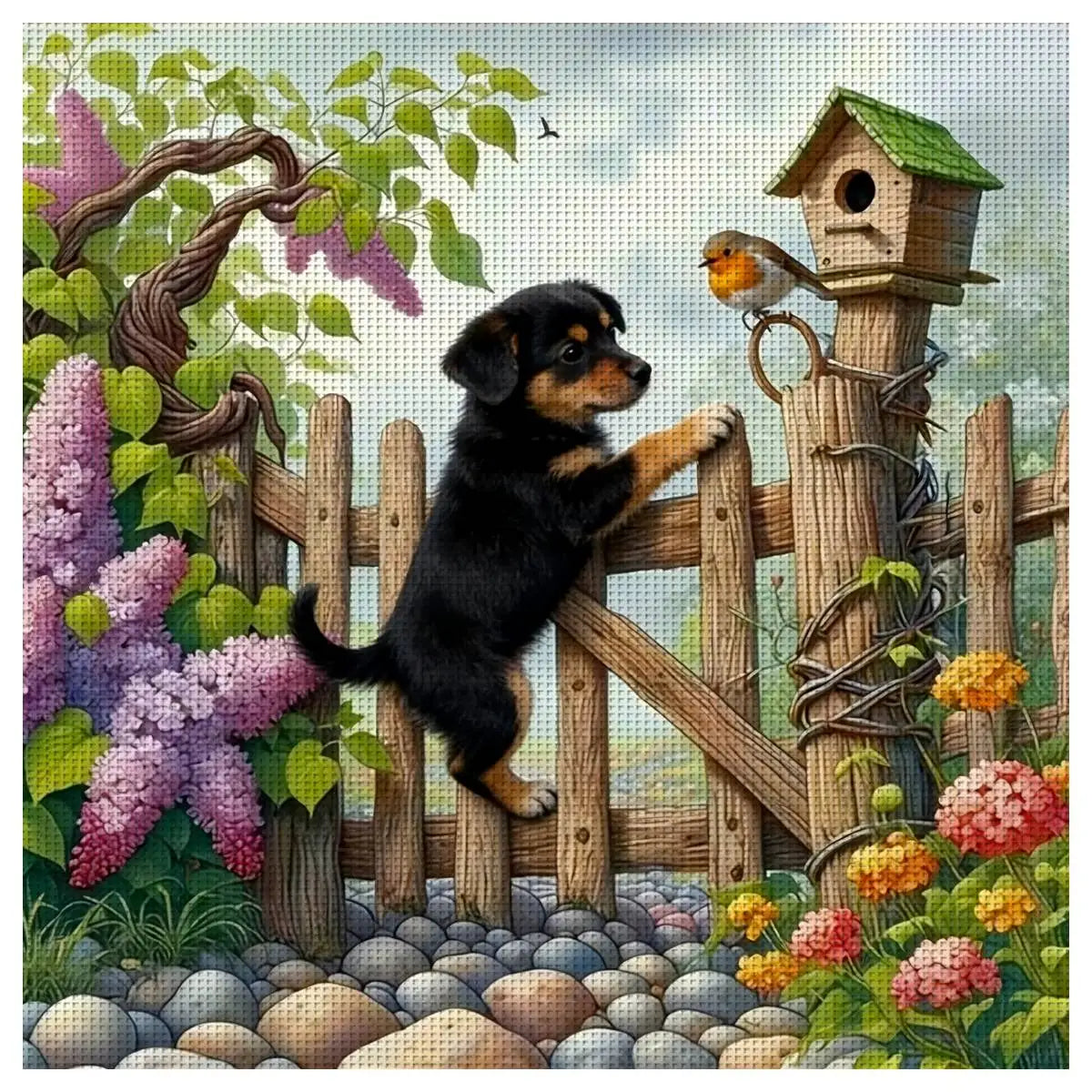 Curious Puppy and Robin Cross Stitch Kit 🐶🐦🌸🏡✨