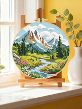 Mountain Wildflower Landscape Embroidery Kit – Alpine River Scenic DIY Needlepoint Hoop Art Nature Lover Craft Gift for Adults