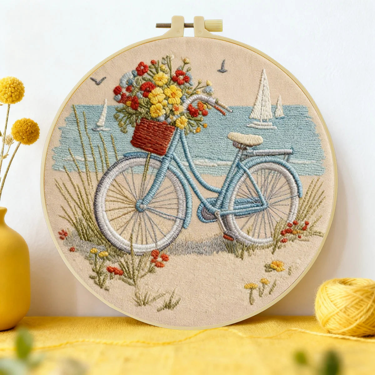 Handmade Beach Bicycle Embroidery Hoop Wall Art – Coastal Floral Bike Cottage Decor