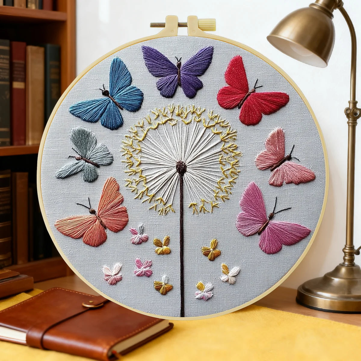 Butterflies & Dandelion Embroidery Kit – Colorful Nature Needlepoint Pattern with Whimsical Floral Wall Art Decor