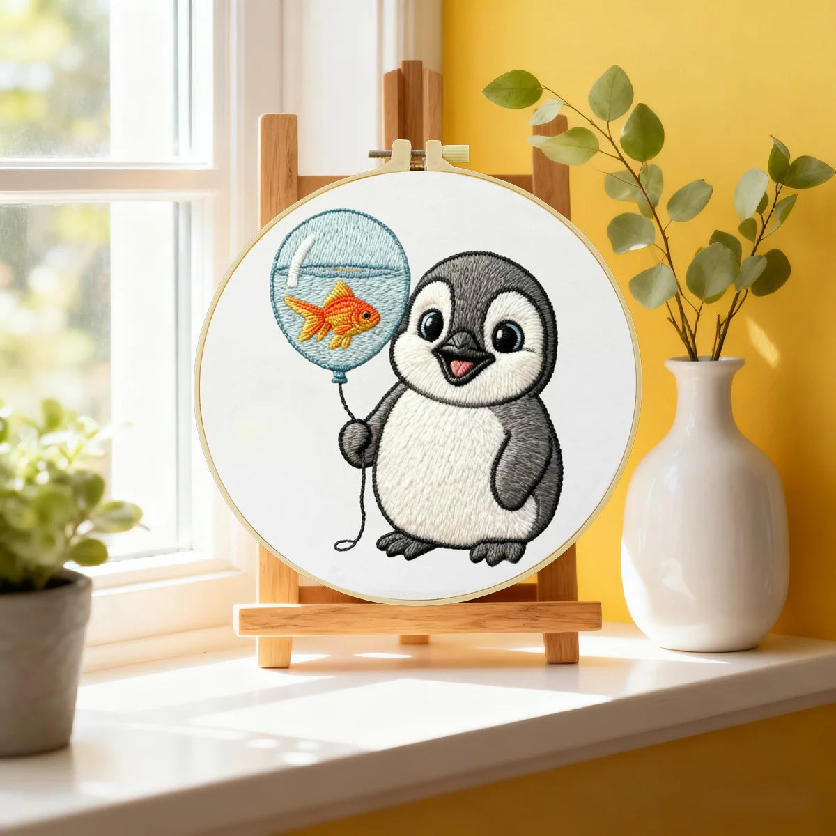 Handmade Baby Penguin Embroidery Hoop Wall Art – Cute Nursery Animal Balloon Decor