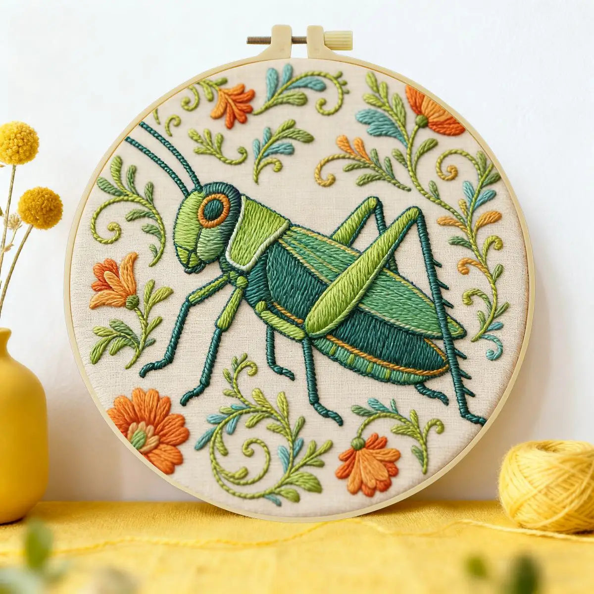 Grasshopper Embroidery Kit for Beginners – DIY Nature Hand Embroidery Hoop Set