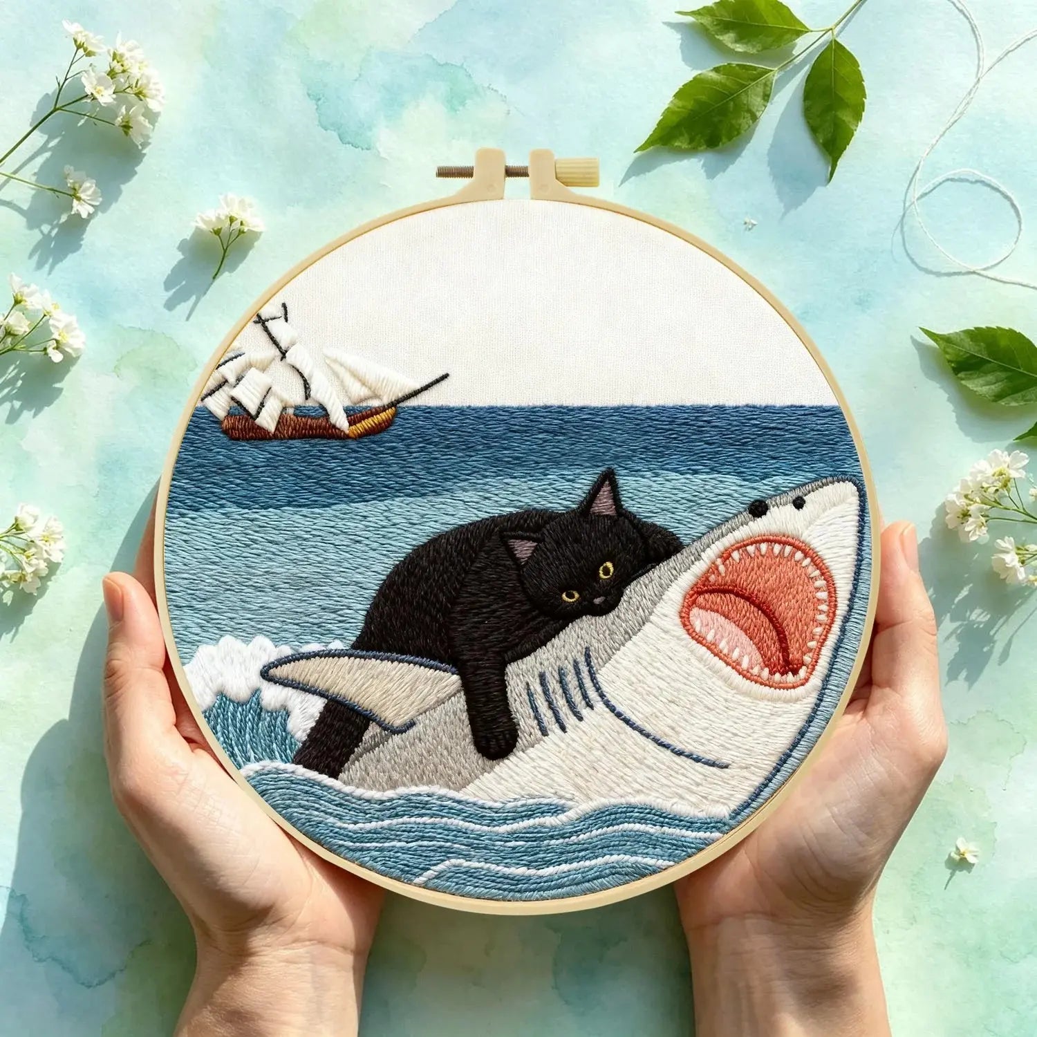 Cat vs. Shark Embroidery Kit Kits For Stitchers