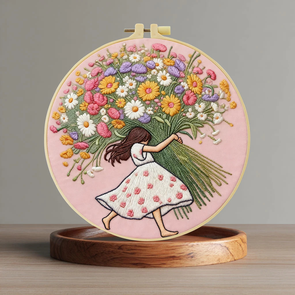 Girl with Giant Wildflower Bouquet Embroidery Kit – Whimsical Floral Needlepoint Pattern with Colorful Cottagecore Wall Art Decor