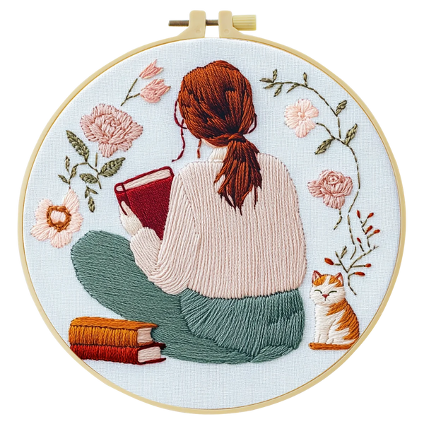 Girl Reading with Cat Embroidery Starter Kit