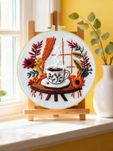 Handmade Cozy Coffee Embroidery Hoop Wall Art – Autumn Floral Rustic Kitchen Decor