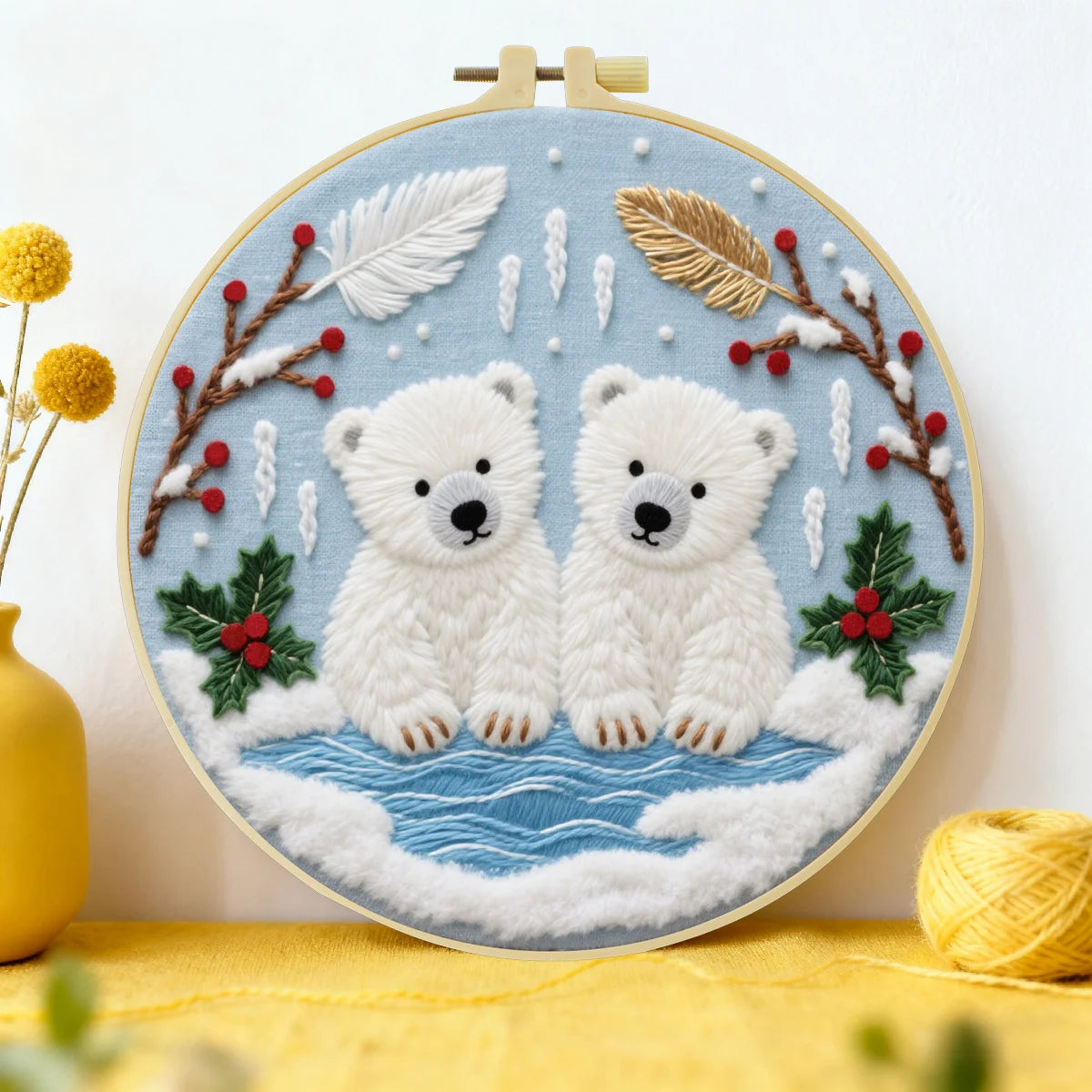 Handmade Polar Bear Cub Embroidery Hoop Wall Art – Winter Nursery Animal Fiber Decor