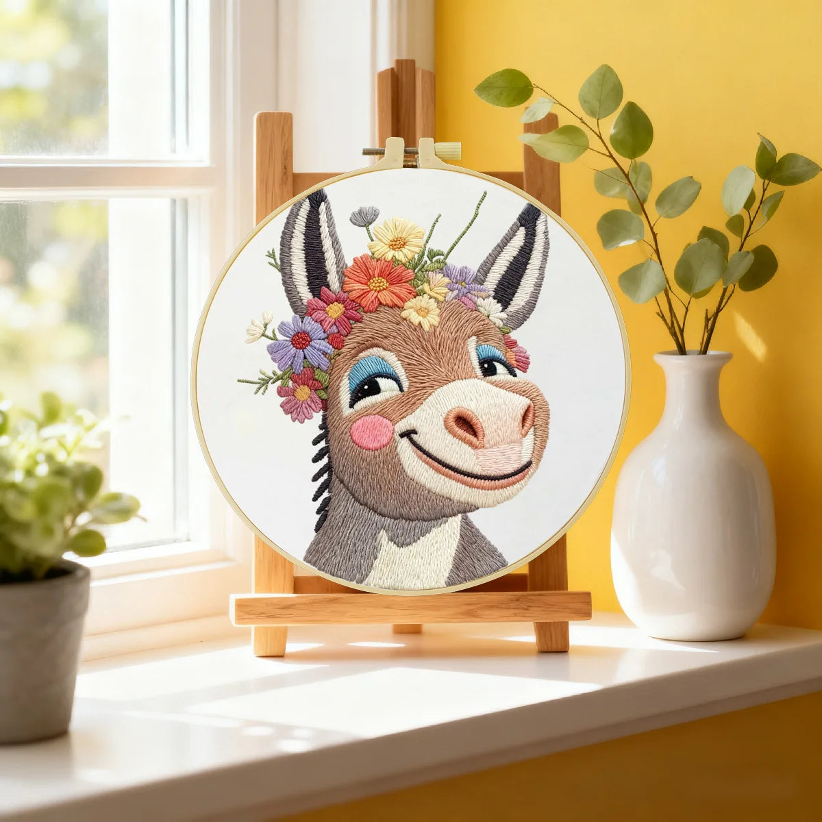 Handmade Floral Donkey Embroidery Hoop Wall Art – Cute Farm Animal Nursery Decor