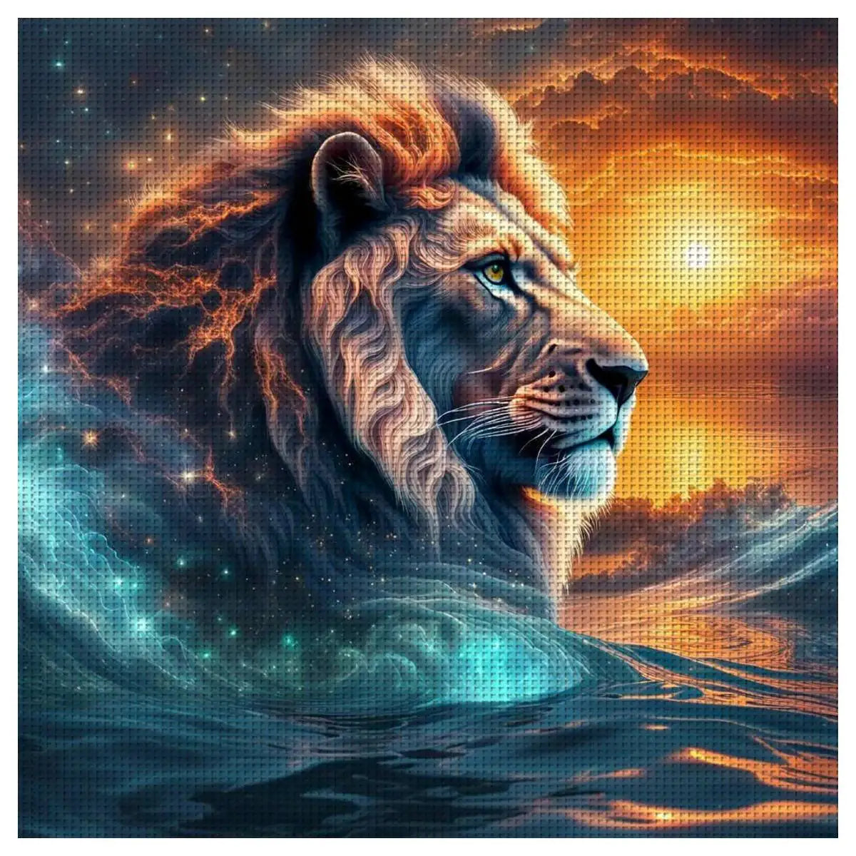 Celestial Storm Lion Cross Stitch Kit 🦁⚡🌌🔥✨
