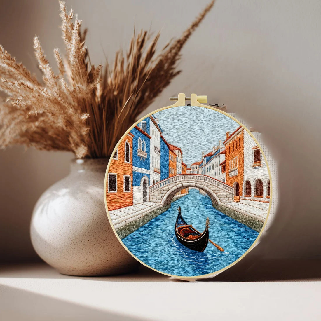 Venice Canal Embroidery Kit for Adults – Romantic Gondola Cityscape DIY Hand Embroidery Hoop Art Travel Lover Gift