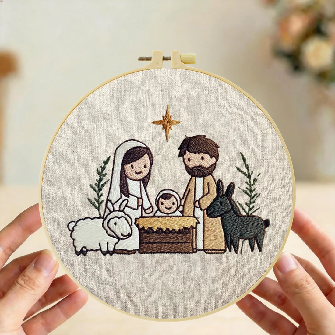 Cute Nativity Scene Embroidery Kit – Minimalist Baby Jesus Christmas Needlepoint Pattern with Mary, Joseph & Farm Animals Decor