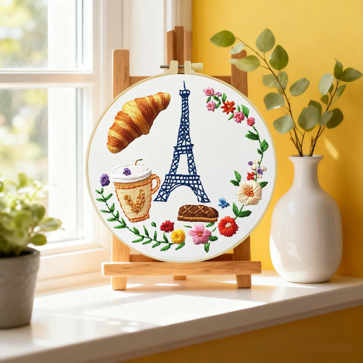 Paris Café Embroidery Starter Kit – DIY Eiffel Tower & Pastry Sewing Art Set for Beginners