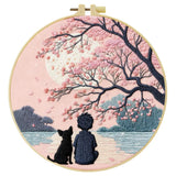 Cherry Blossom Moonlight Embroidery Kit – Peaceful Boy & Dog DIY Hand Embroidery Hoop Art Set