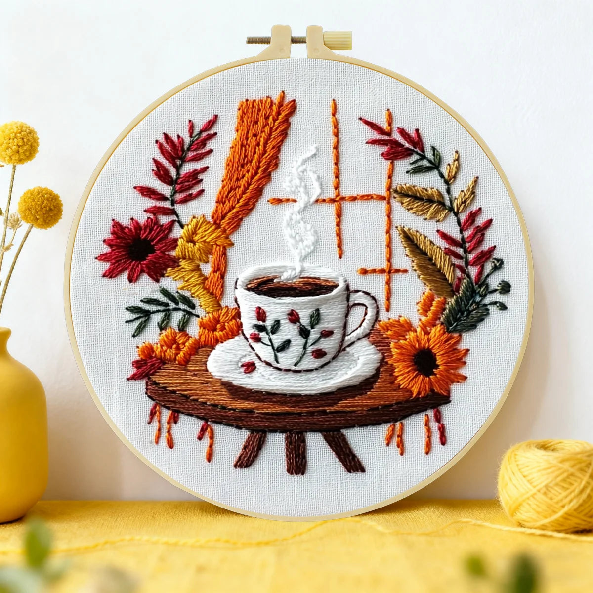 Handmade Cozy Coffee Embroidery Hoop Wall Art – Autumn Floral Rustic Kitchen Decor