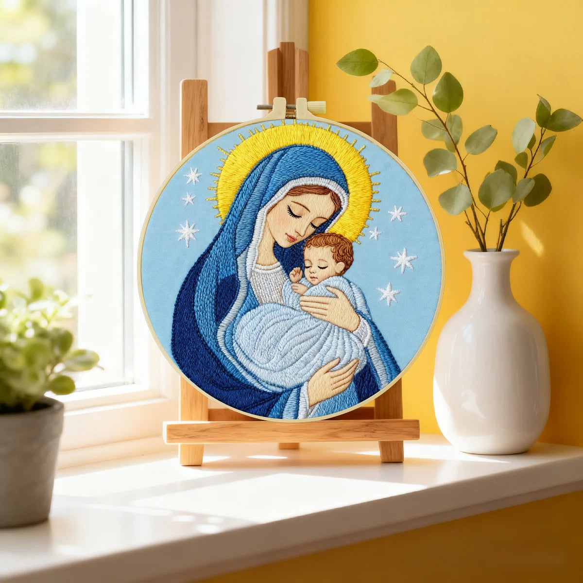 Virgin Mary & Baby Jesus Embroidery Starter Kit DIY – Beginner Religious Hand Embroidery Kit with Sacred Art Design