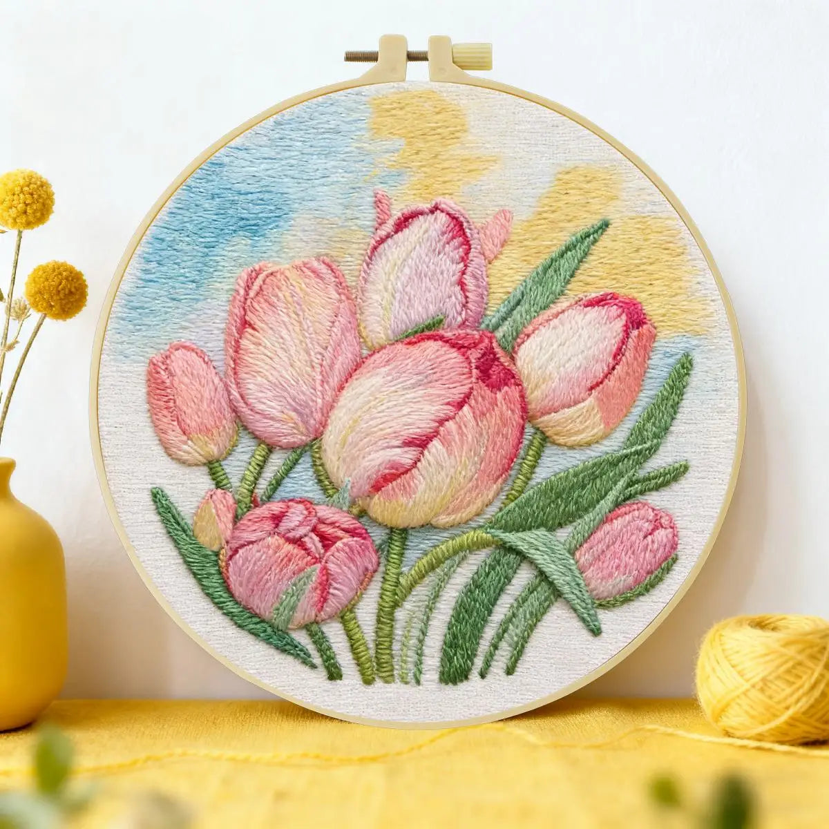 Pink Tulip Flower Embroidery Kit – DIY Floral Hoop Art for Beginners & Garden Lovers