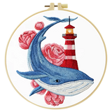 Whale & Lighthouse Embroidery DIY Kit – Nautical Ocean Animal Hand Stitching Craft with Hoop & Threads