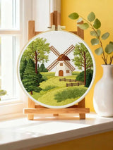 Countryside Windmill Embroidery Kit – Peaceful Green Landscape DIY Hand Embroidery Set Kits For Stitchers