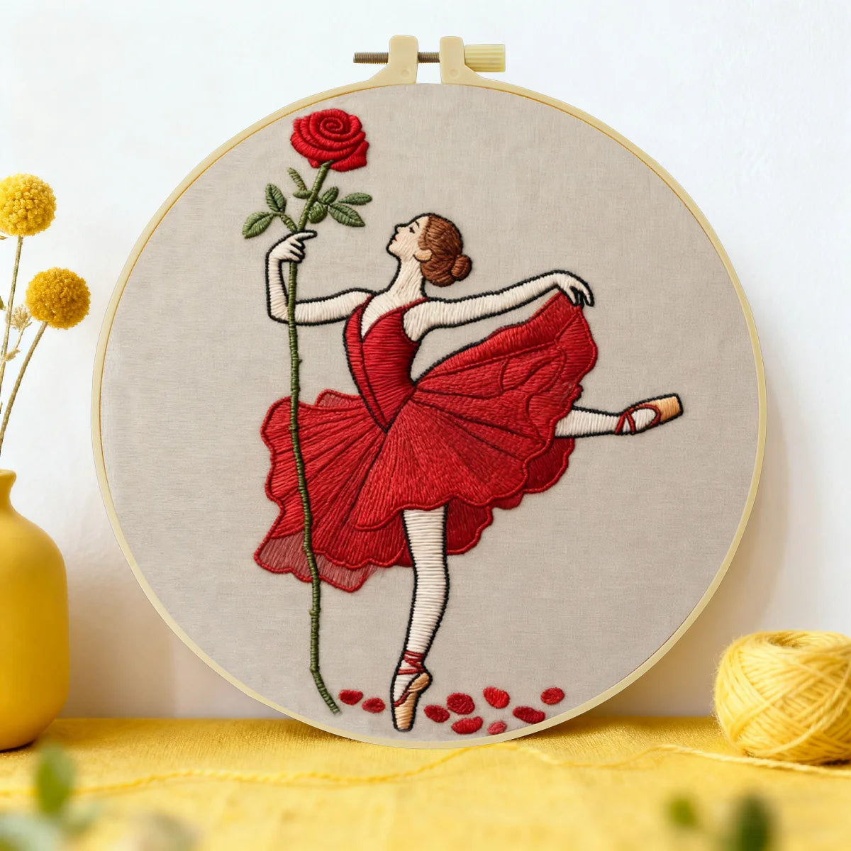 Handmade Red Rose Ballerina Embroidery Hoop Wall Art – Elegant Ballet Dancer Decor
