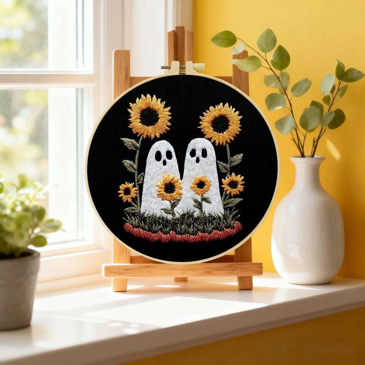 Cute Ghosts with Sunflowers Embroidery Starter Kit – DIY Halloween Sewing Art Set for Beginners