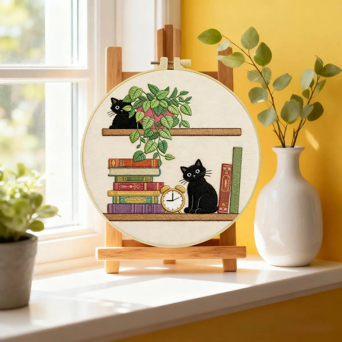 Black Cat Bookshelf Embroidery Kit for Beginners – DIY Cute Cat Hand Embroidery Hoop Set
