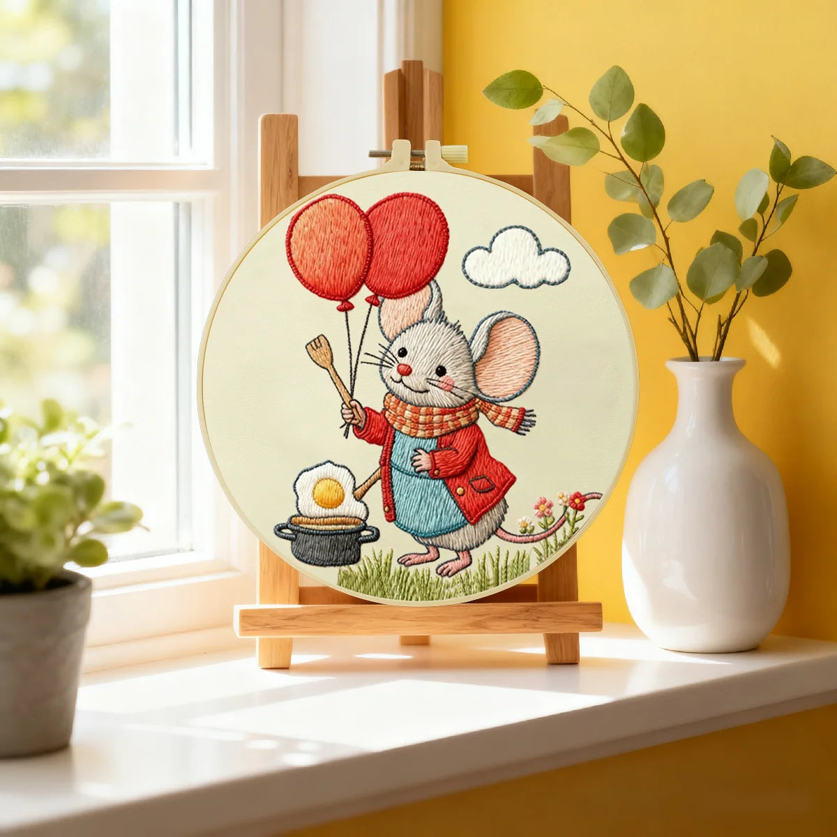Cute Mouse with Balloons Embroidery Starter Kit DIY – Beginner Cartoon Animal Hand Embroidery Kit